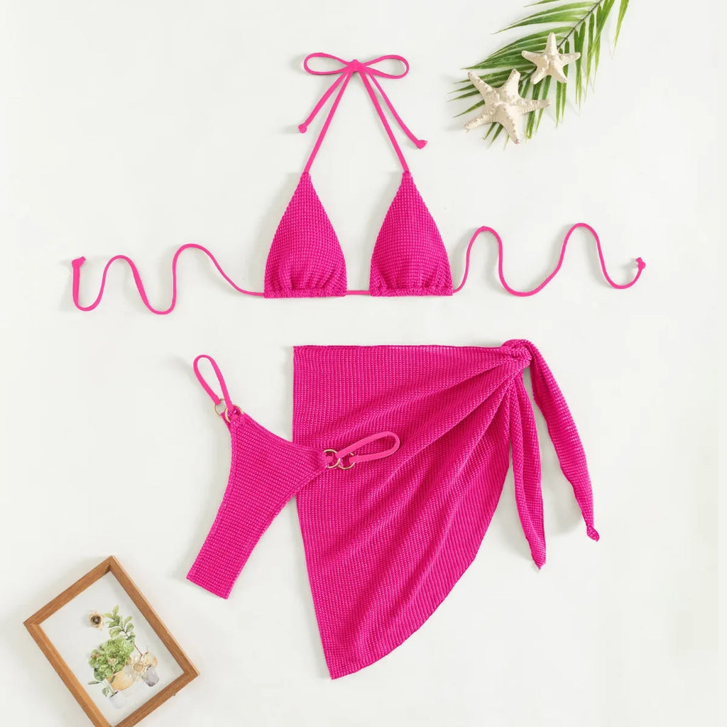 Sexy Brown Bikini Set 2026 Women Halter Push Up Bra Skirt 3 Piece Swimsuit Summer Bathing Suit Cover Up Thong Swimwear Biquini