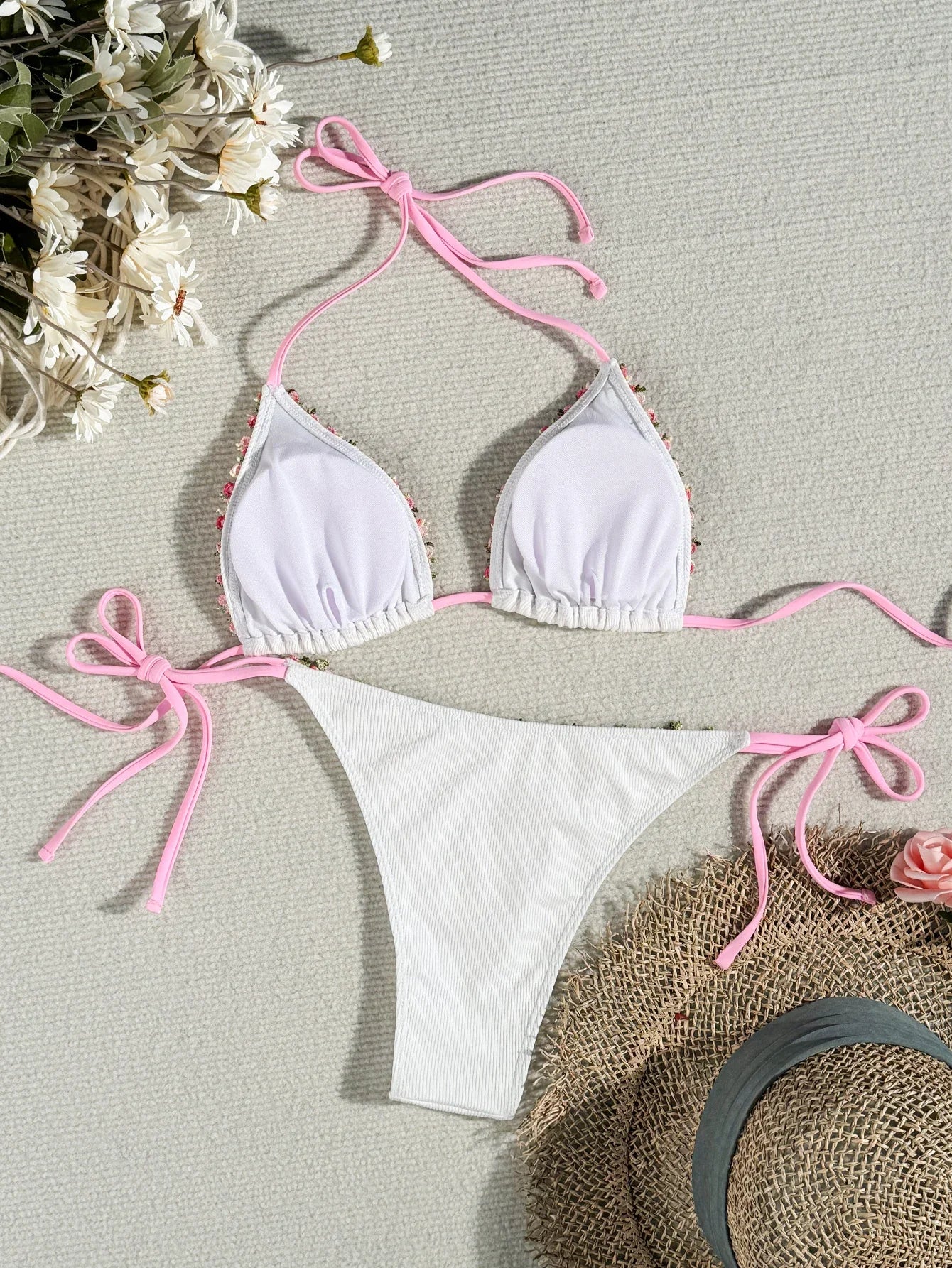 Sexy 3D Floral Bikini Set 2025 Women White Pink Contrast Push Up Bra Tie Side Thong Swimsuit Beach Bathing Suit Micro Swimwear
