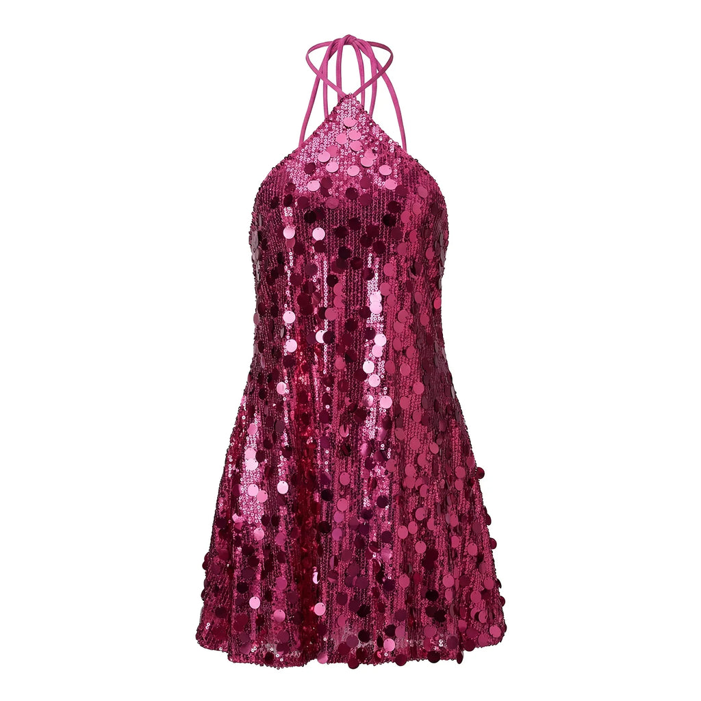 Women Halter Dress Sparkly Sequin Mini Dresses Clubwear Party Date Outfits Sexy Bodycon Dress Sexy Sleeveless Backless Dress