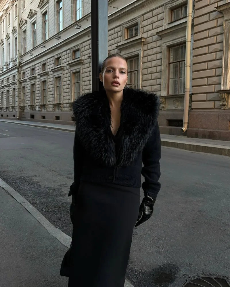 Trendix Black Knit Cardigan For Women Winter Detachable Faux Fur Collar Short Tops Street Slim Party Elegant Outerwear Top Femme