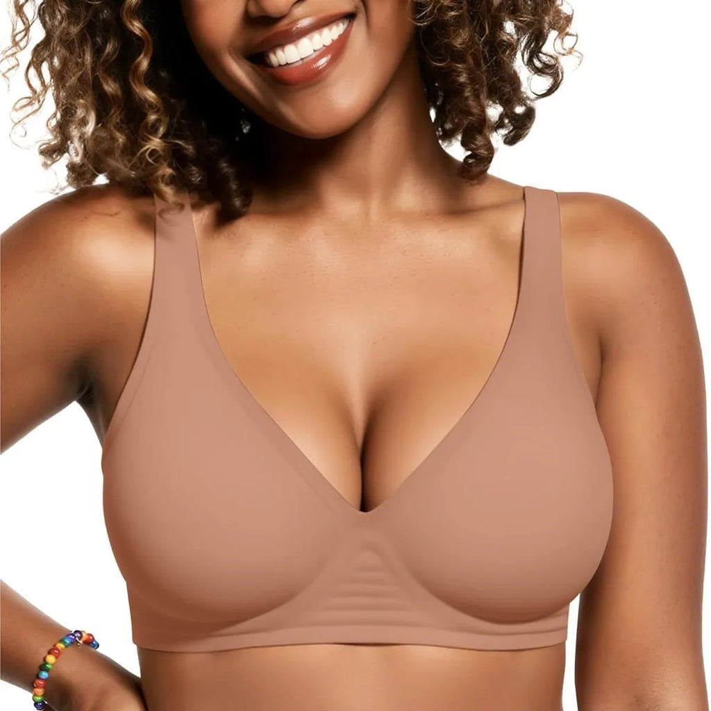 Women's Deep V Solid Color Seamless Full Cup Bra Wire-Free Comfortable Supportive Wire-Free Bra T-Shirt Push-Up Bra Underwear