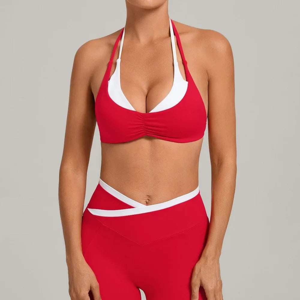 Women's Gym Workout Two-color Yoga Sports Bras Halter Neck Open Back Design Sports Tank Top Running Fitness Built-in Bra Cups