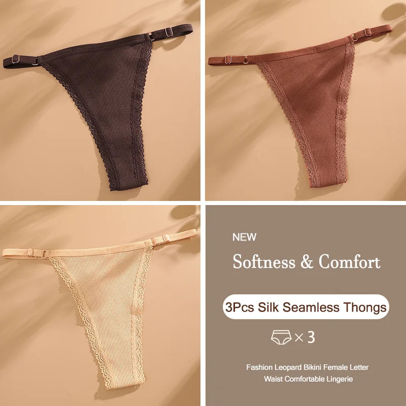 3Pcs G-String Cotton Sexy Women Thongs Adjustable Belt Seamless Panties Breathable Low Waist Lingerie Female Soft Solid Color