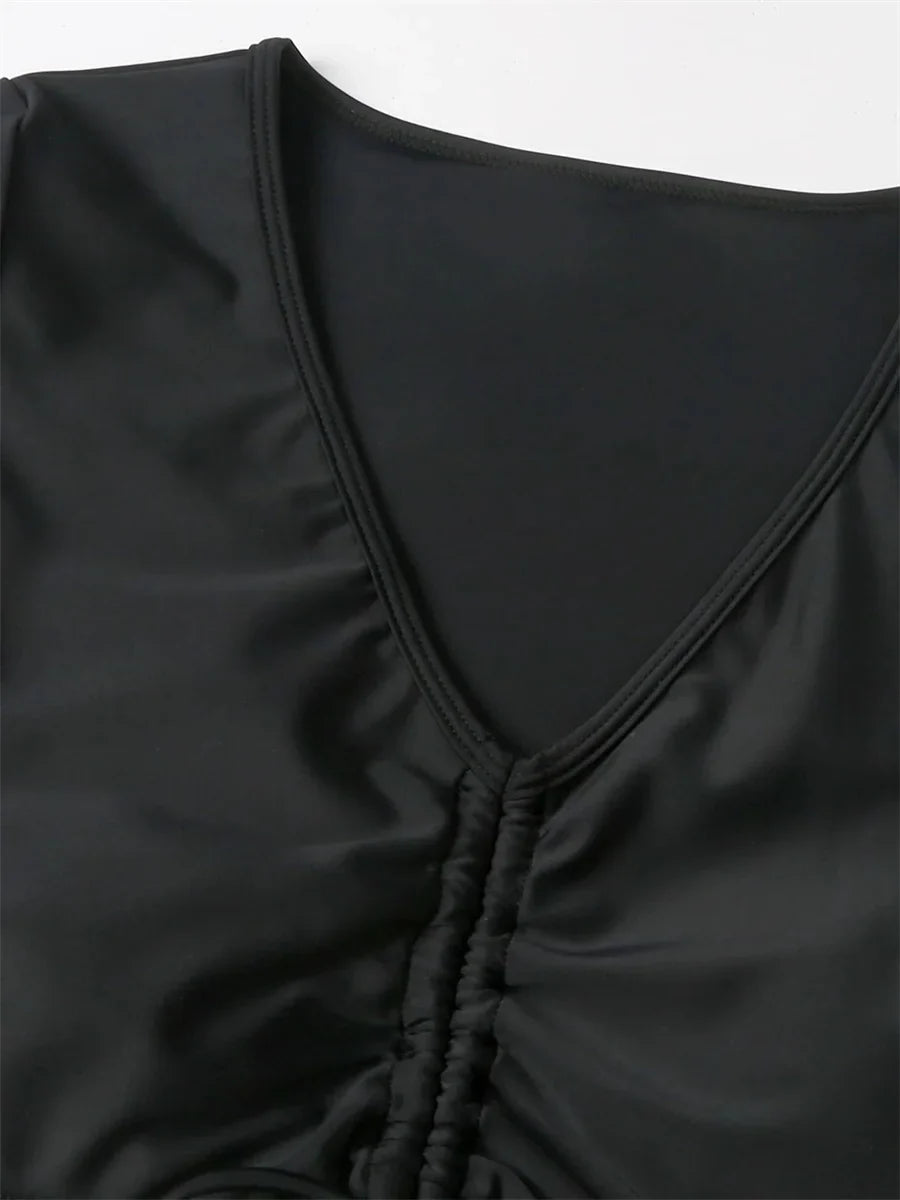 Sexy Drawstring Bikini Set 2026 Women Green Black Short Sleeve Two Piece Swimsuit Summer Bathing Suit Pleate High Waist Swimwear