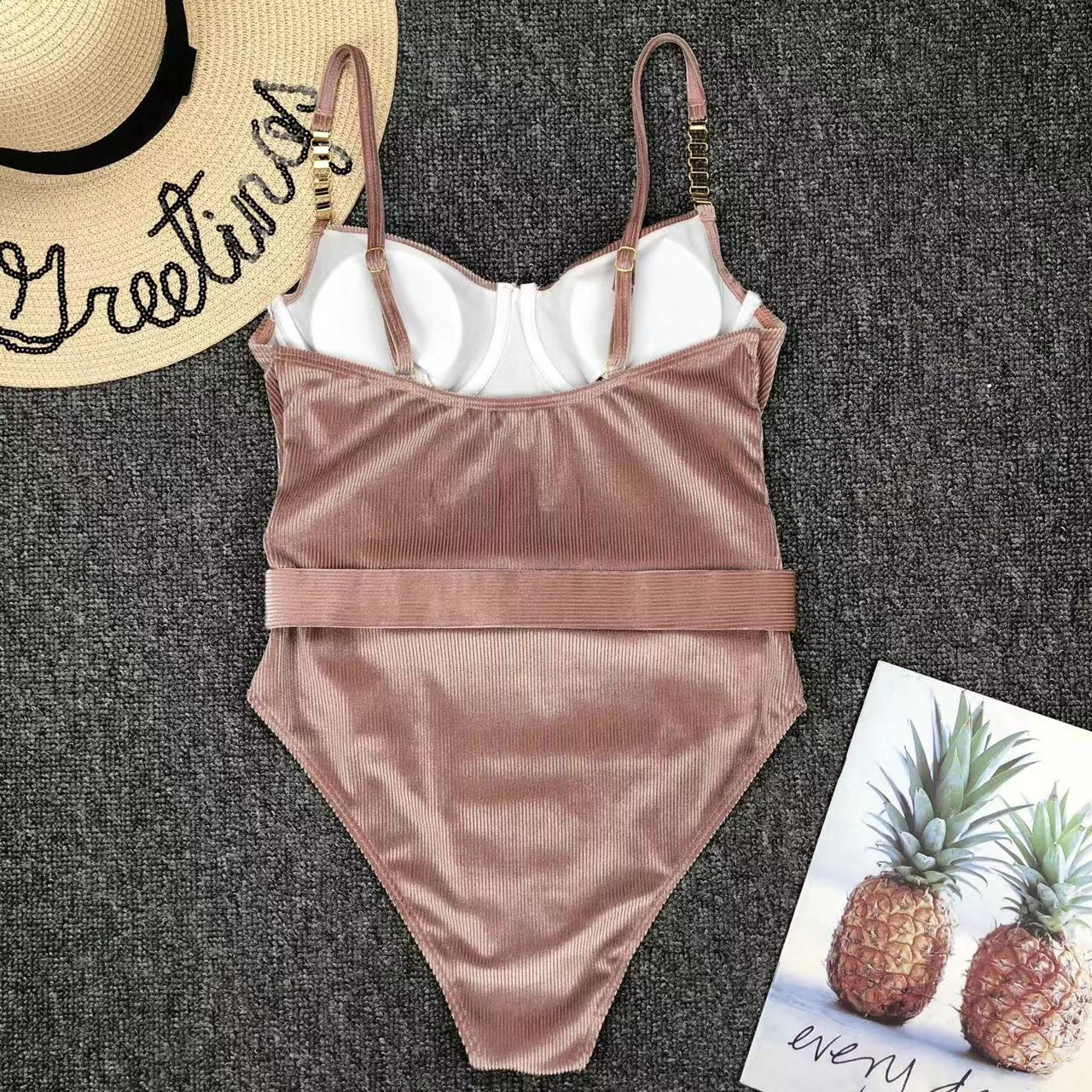 2024 New Sexy Velvet One-Piece Black Bikini Belt Swimsuit Women Solid Push Up Swimwear Female Brazilian Beach Bathing Suit