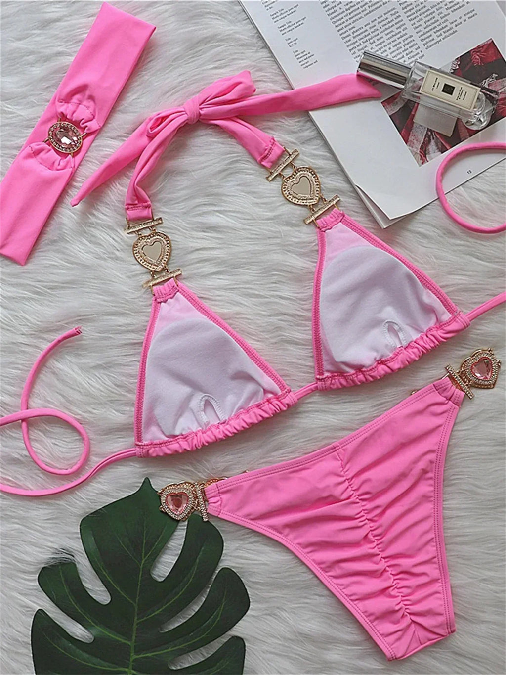 Sexy Rhinestones Bikini Set 2025 Women Red Pink Glitter Diamond Metal Chain Thong Swimwear Bathing Suit Band 3 Piece Swimsuit