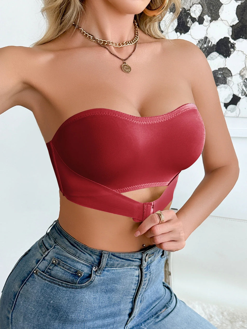 Summer Solid Color Strapless Wireless Women's Bra Bralette Front-Clasp Push up Bra Comfort Unpadded Bras