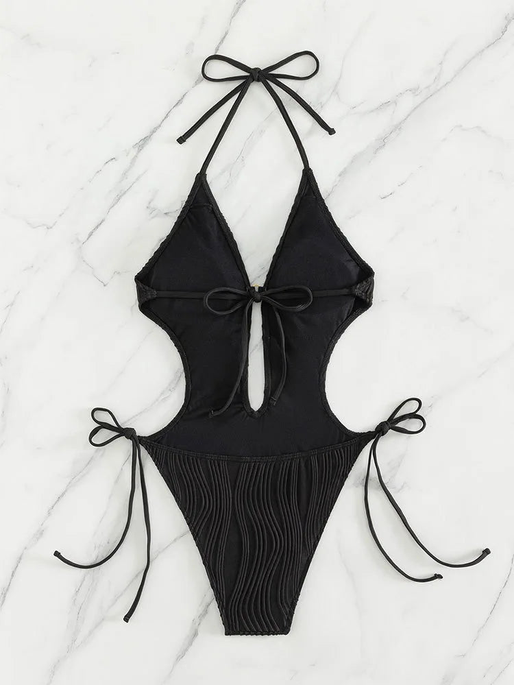 One Piece Swimsuit for Women 2024 Lace Patchwork Green Hollow Out Thong Swimwear Beach Bathing Suit Tie Side Backless Monokini