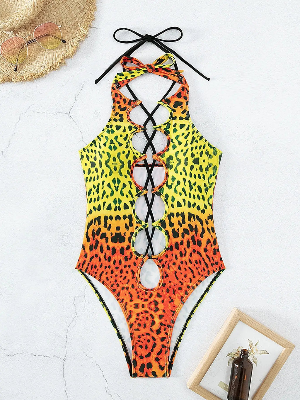 Sexy Hollow Out One Piece Swimsuit 2025 Women Blue Leopard Print Gradient Bandage Backless Bikini Bathing Suit Thong Swimwear