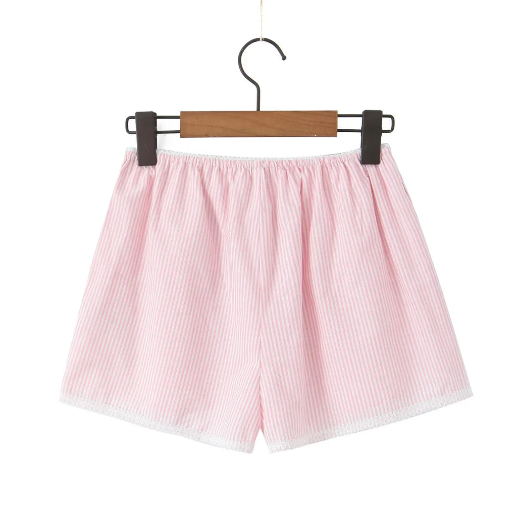 New French Style Lazy Loose Home Casual Button Lace Stripe Shorts For Woman Casual Elegant Fashion Style Pure Desire Casual QRCF
