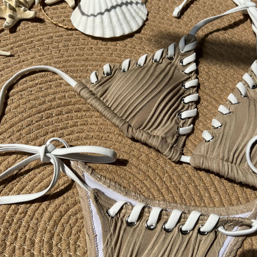 Sexy Micro Bikini 2025 Women Beige Brown Pink Weave Bandage Cross Crochet Swimsuit Brazilian Beach Bathing Suit Thong Swimwear