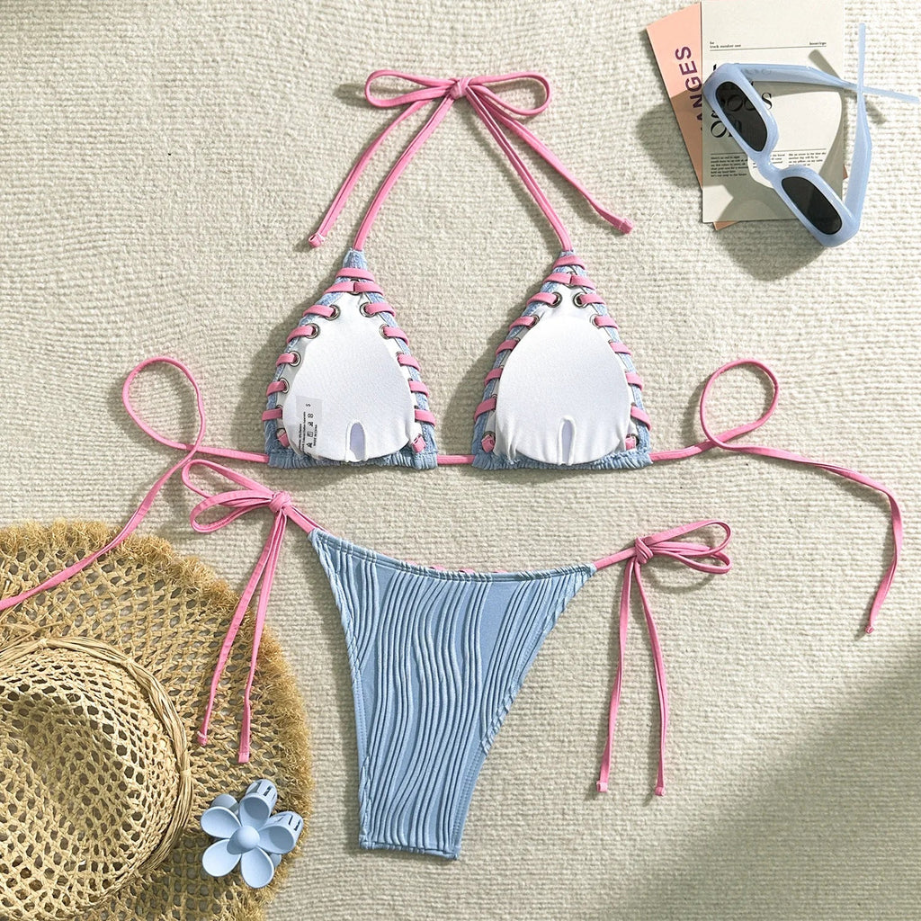 Sexy Micro Bikini 2025 Women Beige Brown Pink Weave Bandage Cross Crochet Swimsuit Brazilian Beach Bathing Suit Thong Swimwear