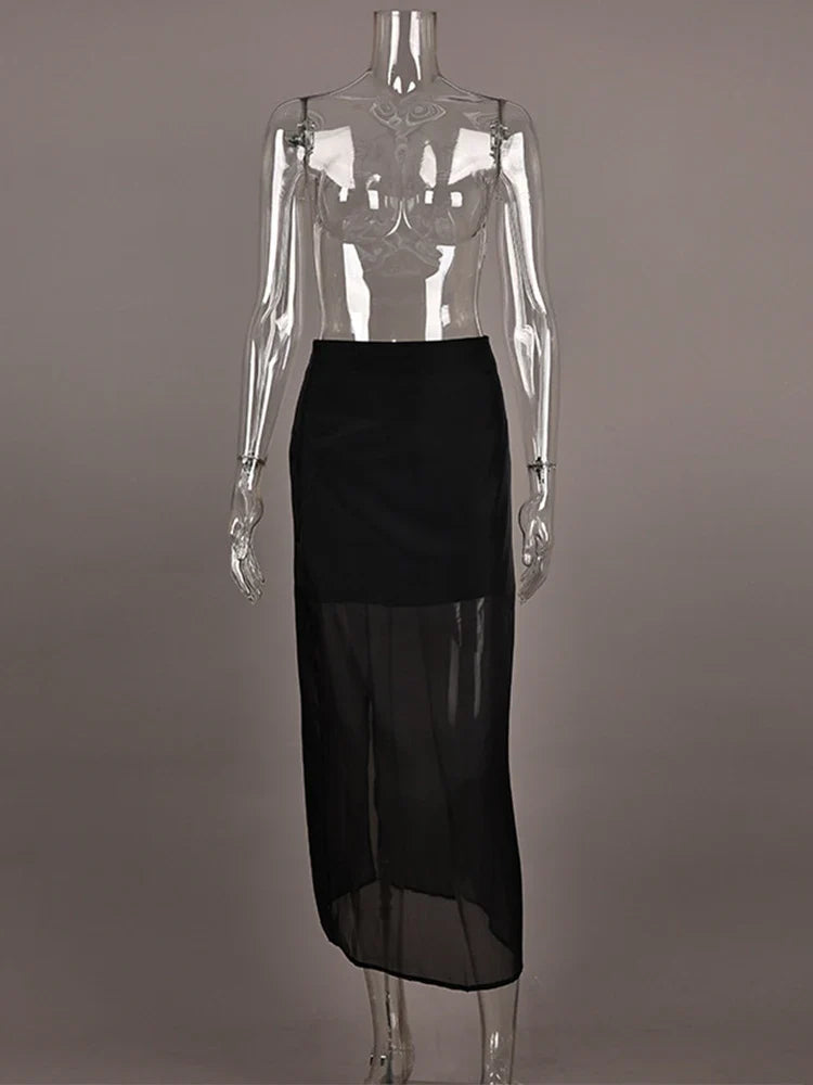Trendix See Through Mesh Patchwork Skirts Women Fashion High Waist Casual Commuting Streetwear 2025 Vacation Party Elegant Skirt