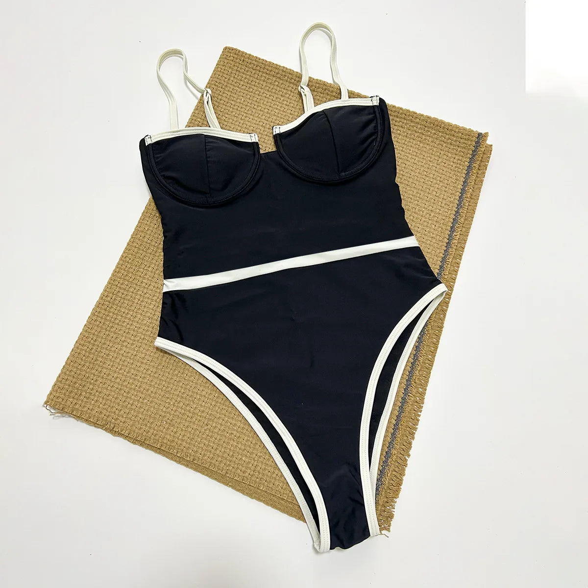 Women's Black Patchwork One Piece Swimsuit Sexy Slim Suspender Backless Monokini Bikini Underwire Push Up Bathing Suit Swimwear
