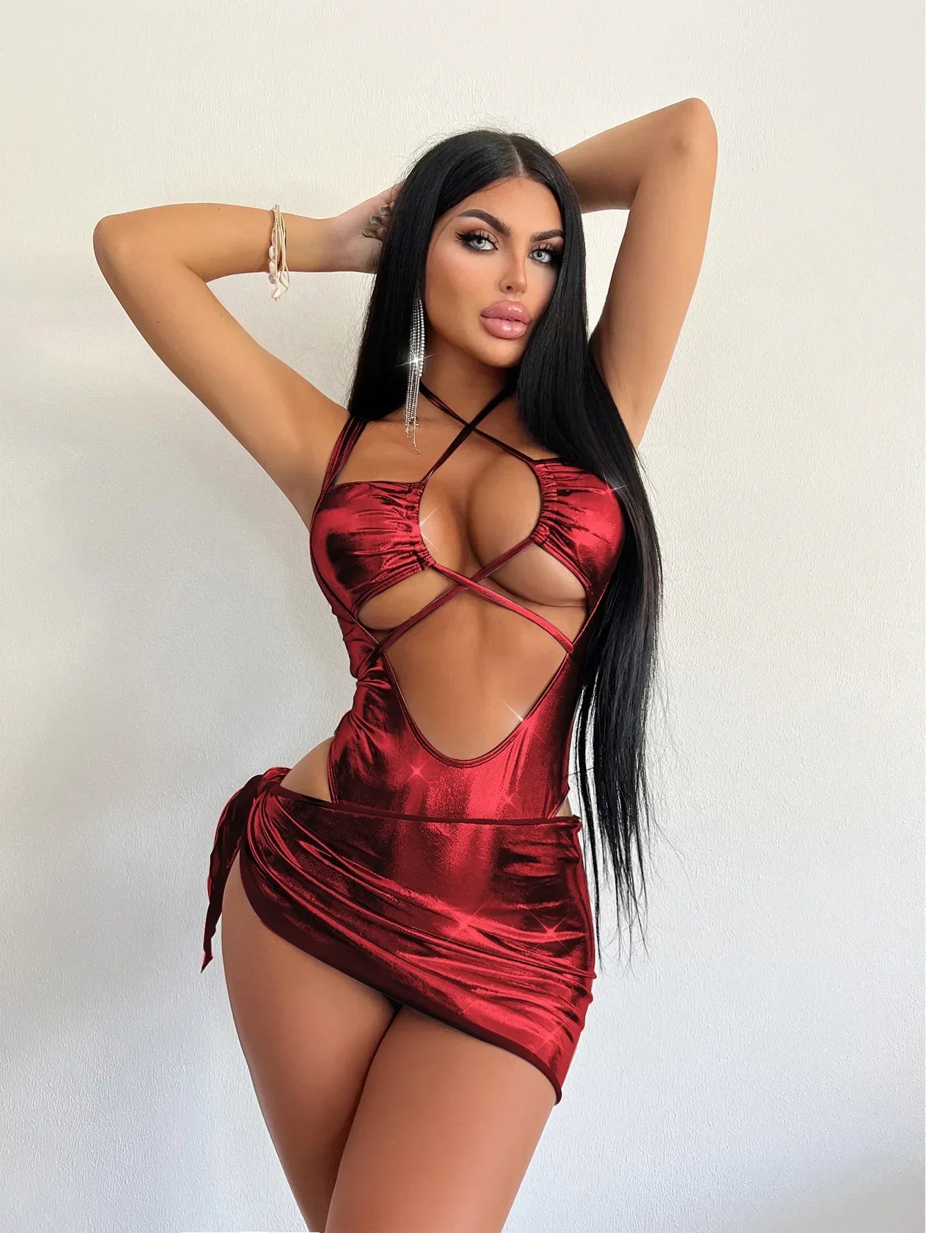 Shiny One Piece Swimsuit 2025 Women Sexy Silver Gold Hollow Out Criss Cross Skirt Swimwear Set Bathing Suit PU Swimming Monokini