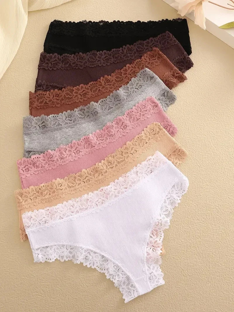 3Pcs Women Cotton Brazilian Pants Sexy Lace Brazilian Briefs Low Waist Floral Solid Color G-string Breathable Soft Lingerie