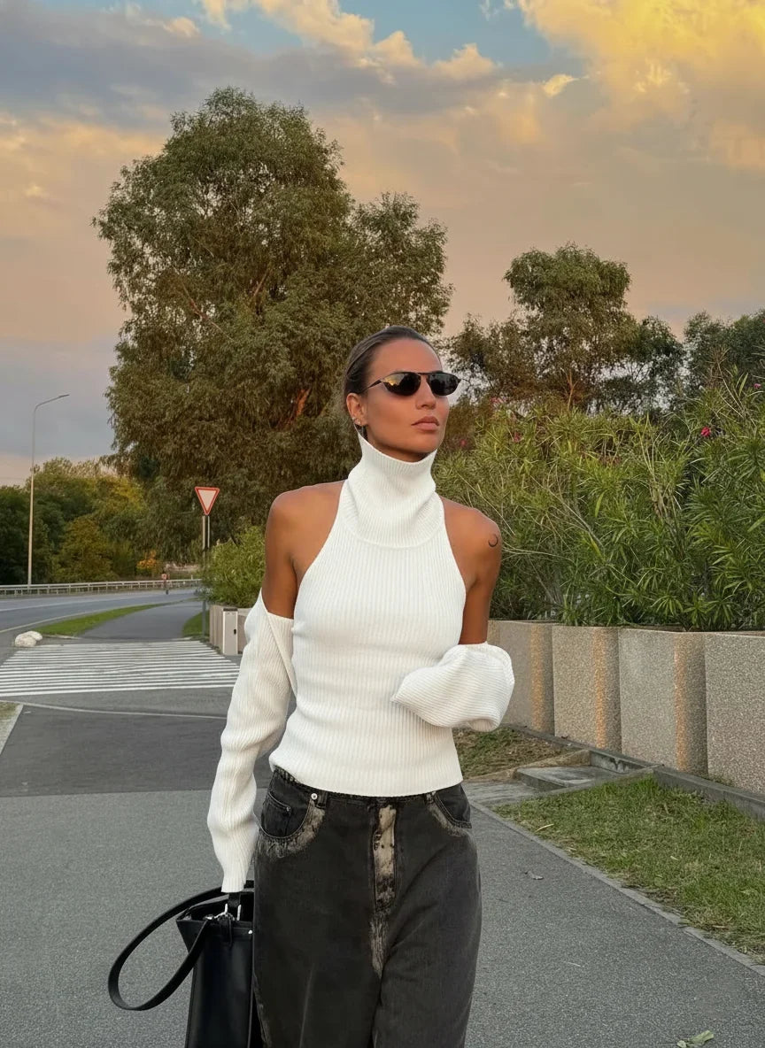 Trendix Knit Tank Top Sets For Women Fashion High Neck Vest And Long Sleeve Shawl 2 Piece Suits Sexy Backless Knitwear Top Femme