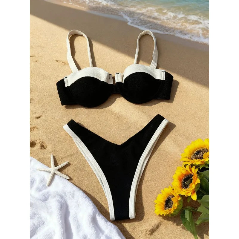 2026 New Black Bikini White One Piece Swimsuit Sexy Solid Swimwear Women Bathing Suit Beach Backless Monokini Swimsuit Female