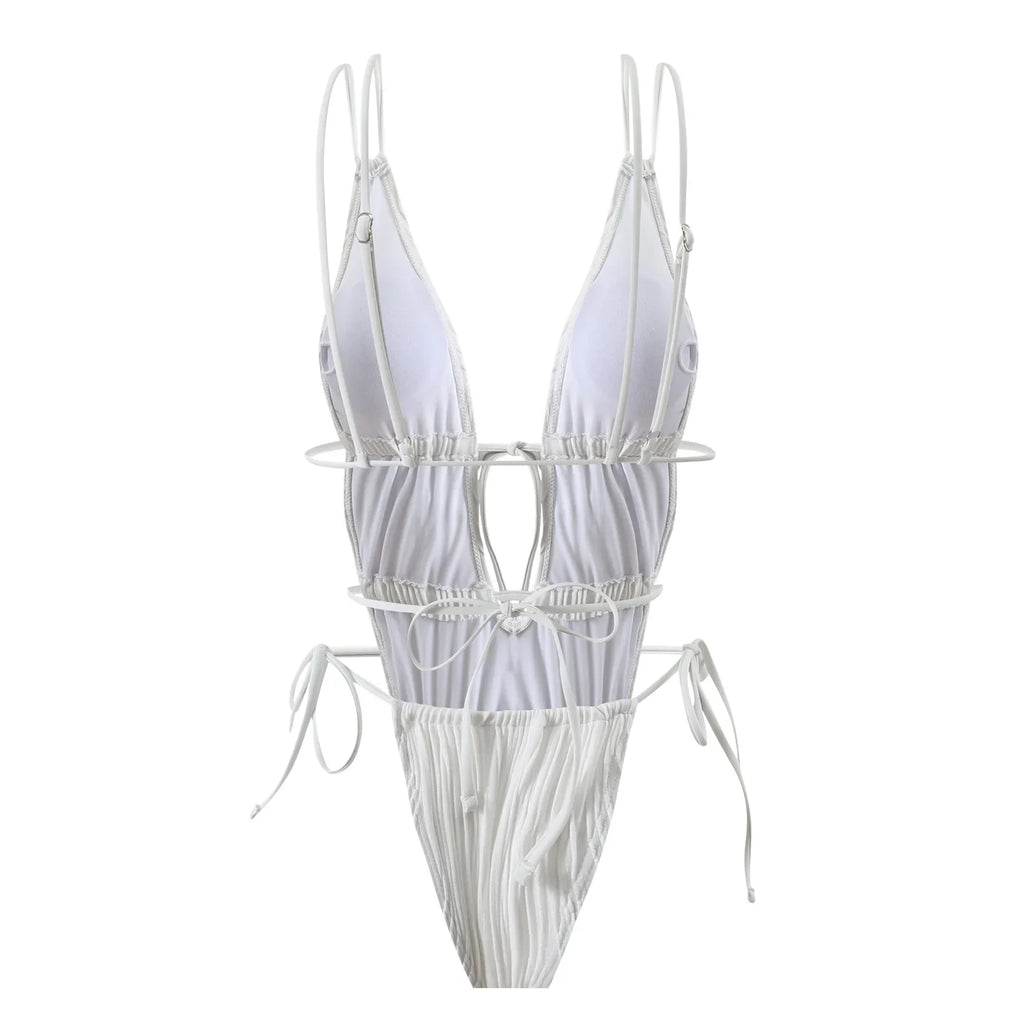 2026 New Deep V One Piece Black Swimsuit Halter Solid Color Women's Backless Bathing Suit Bandage White Swimwear For Female