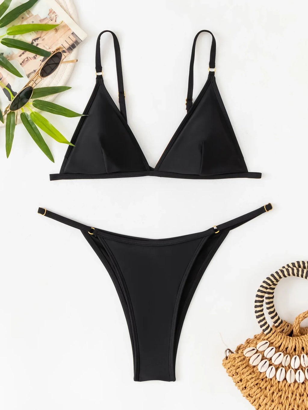 2026 New Sexy Women's Split Bikini Solid Color Holiday Beach Monochrome Swimsuit Black Swimwear White Lace-up Bikini Set