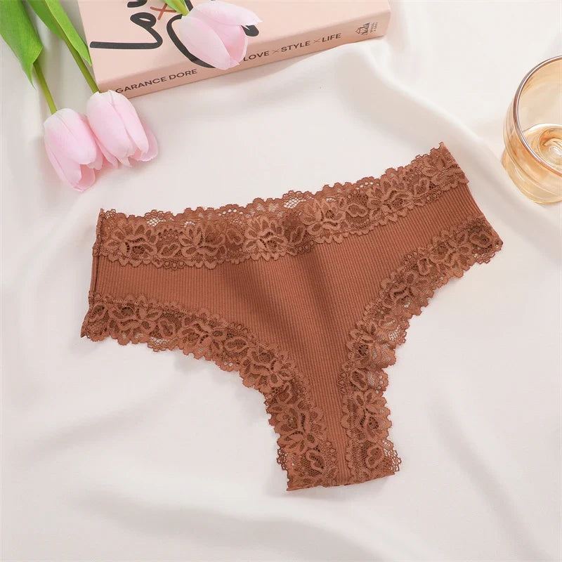 New Lace Seamless Cotton Panties Ribbed Maillard Brazilian Pants LowWaist Women Panties Breathable Girls Underwear Soft Lingerie