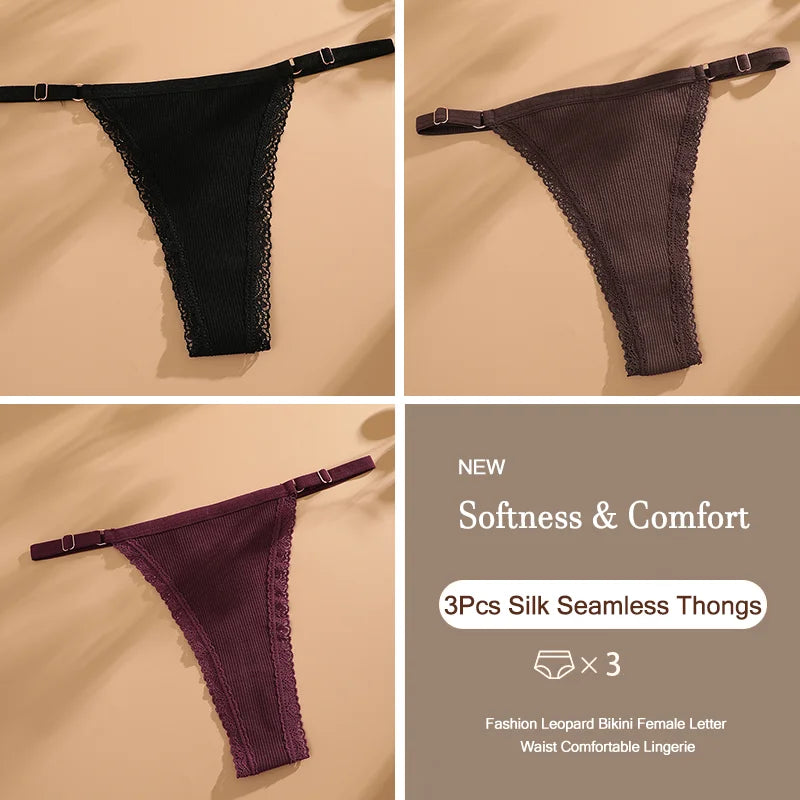 3Pcs G-String Cotton Sexy Women Thongs Adjustable Belt Seamless Panties Breathable Low Waist Lingerie Female Soft Solid Color
