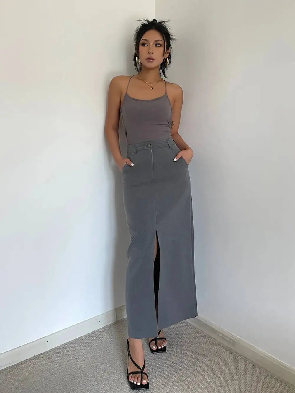 WOMENGAGA Retro High Waist Half Skirt Girl Bifurcate Slim A-LINE Gray Skirts Fashion American Spicy Girls 2023 New 5P2F