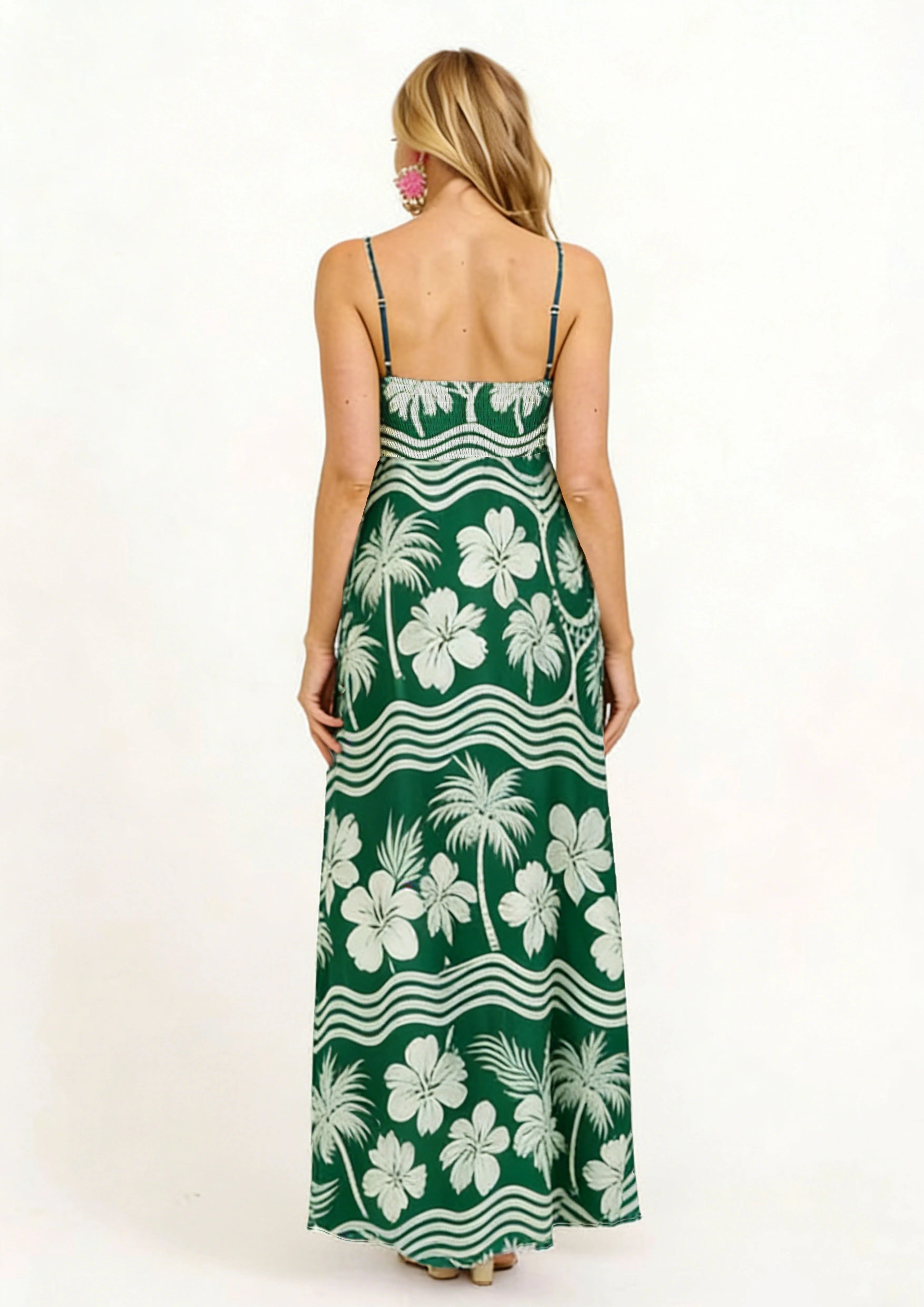 Women Floral Geometric Neck Long Party Dress Fashion Sleeveless Spaghetti Strap Dress Fashion Vacation Cocktail Flowy Sun Dress