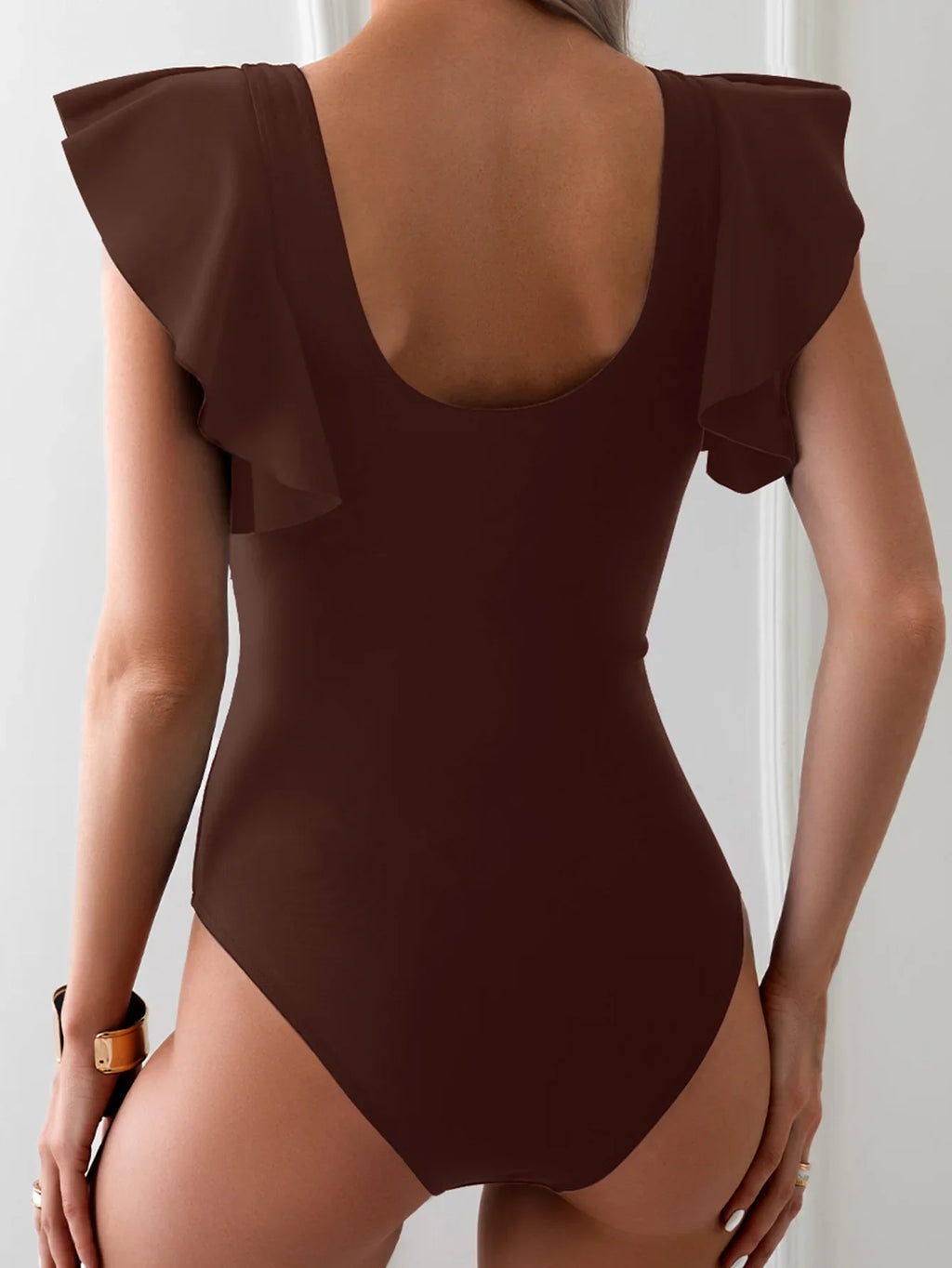 2026 Solid Women's Swimsuit Trend Tummy Control V Neck Sexy Black Bikini Ruched Bathing Suits Slim Fit Ruffle Sleeve Swimwear