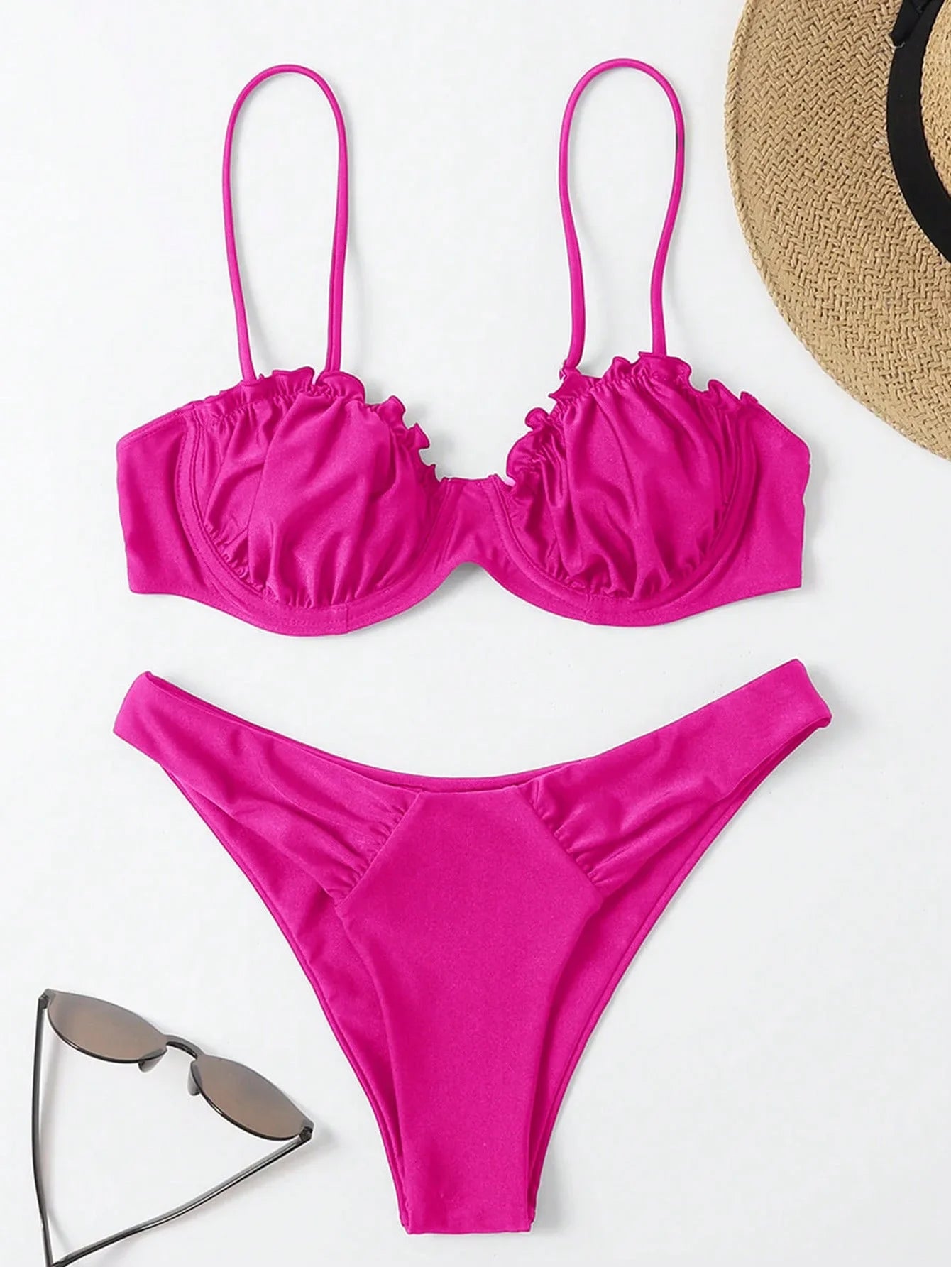 Sexy Hot Pink Bikini Set 2025 Women Pleate Shell Push Up Underwire Thong Swimsuit Beach Bathing Suit Swimwear Vacation Outfits