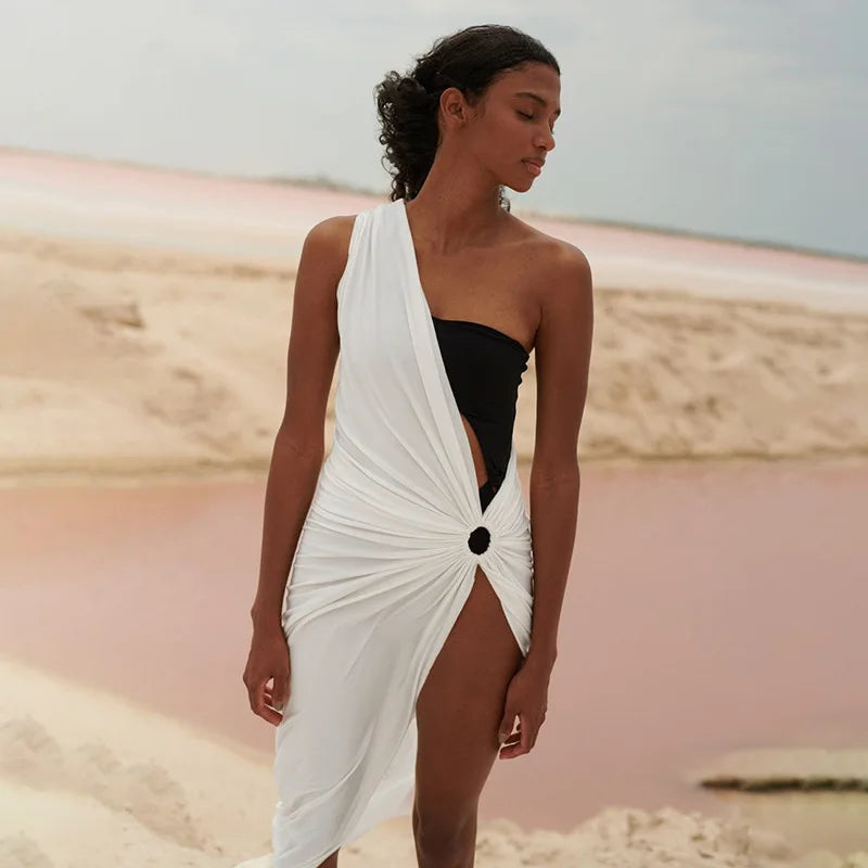 Sexy One-shoulder Asymmetric Black White Beach Dress Midi Beach Cover Up Woman Swimwear Bikini Tunic Kimono Beachwear Outfit