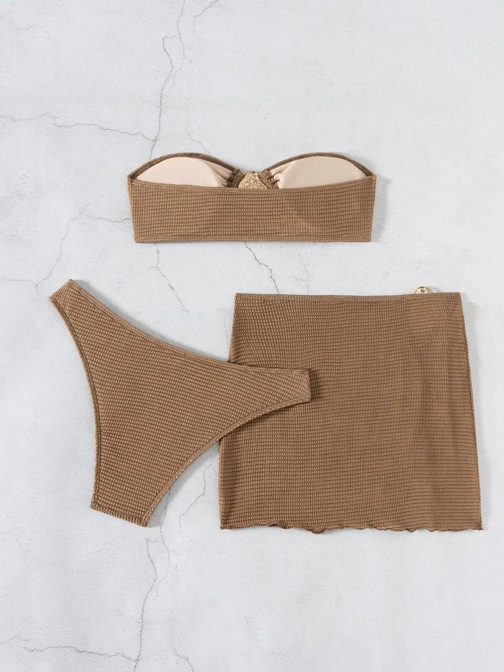 2026 New Sexy Bandeau Bikini Women Metal Water Droplet Ornament Push Up Mesh Skirt 3 Piece Swimsuit Beach Bathing Suit Swimwear