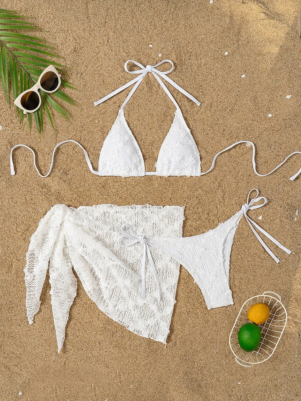 Sexy White Lace Cover Up Skirt 3 Piece Swimsuit Women Bandage Thong Bikini 2025 Summer Push Up Beach Bathing Suit Skirt Swimwear