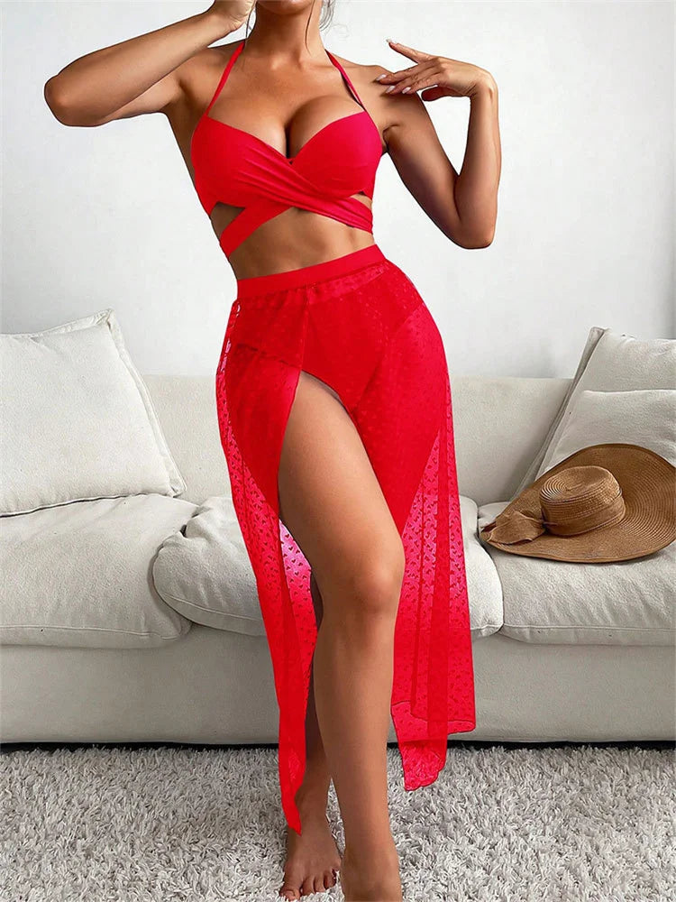 Sexy White 3 Pieces Skirt Bikinis Set Women Black Push Up Criss Cross Underwire Swimsuit 2025 Lace Cover-ups High Waist Swimwear