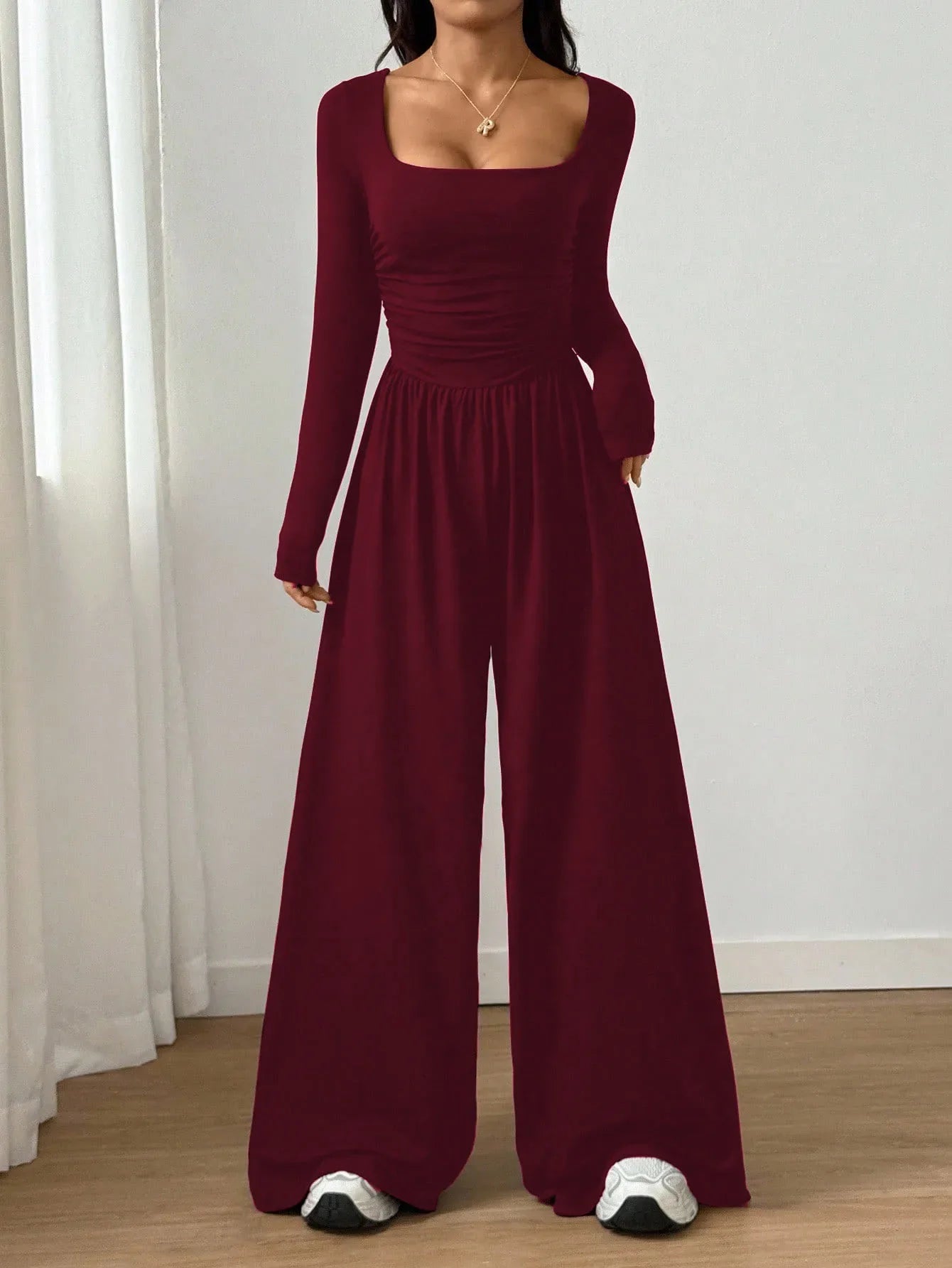 Women's Casual Solid Color Square Neck Long Sleeve A-Line Jumpsuit Pleating Wide Leg Loose Mopping Jumpsuit Spring/Fall 2026