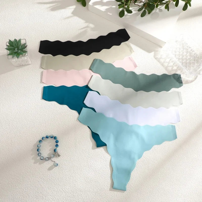 4Pcs Women Seamless Panties Wavy Design Ultra-thin Thongs Women Ice Silk Underwear Sexy Panty Low Waist G-string Female Solid