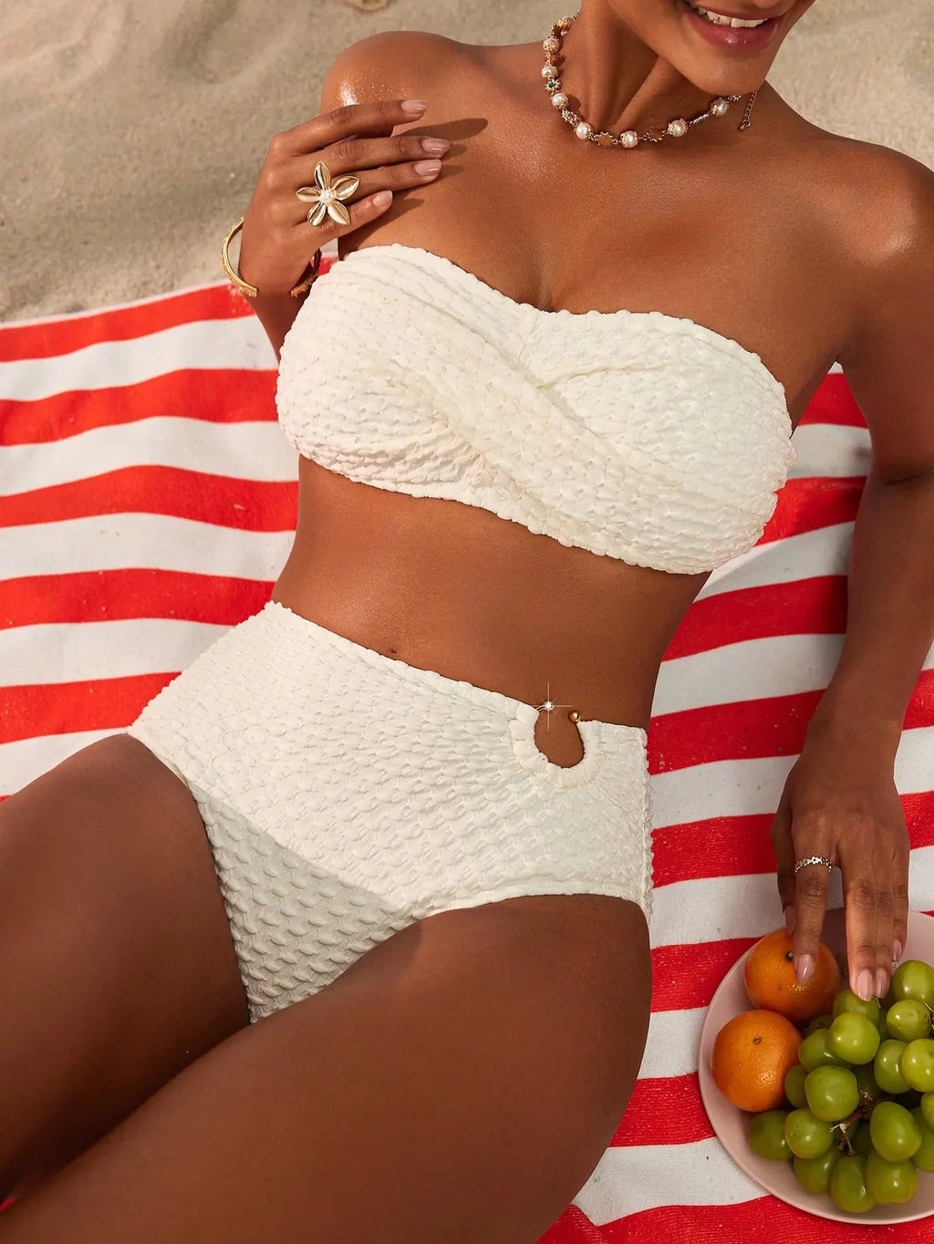2026 2Pcs Sexy Bikinis Set Women High Waist Strapless Push Up Bra Solid Color Knot Padded Bras Briefs Bikini Swimwear Swimsuit