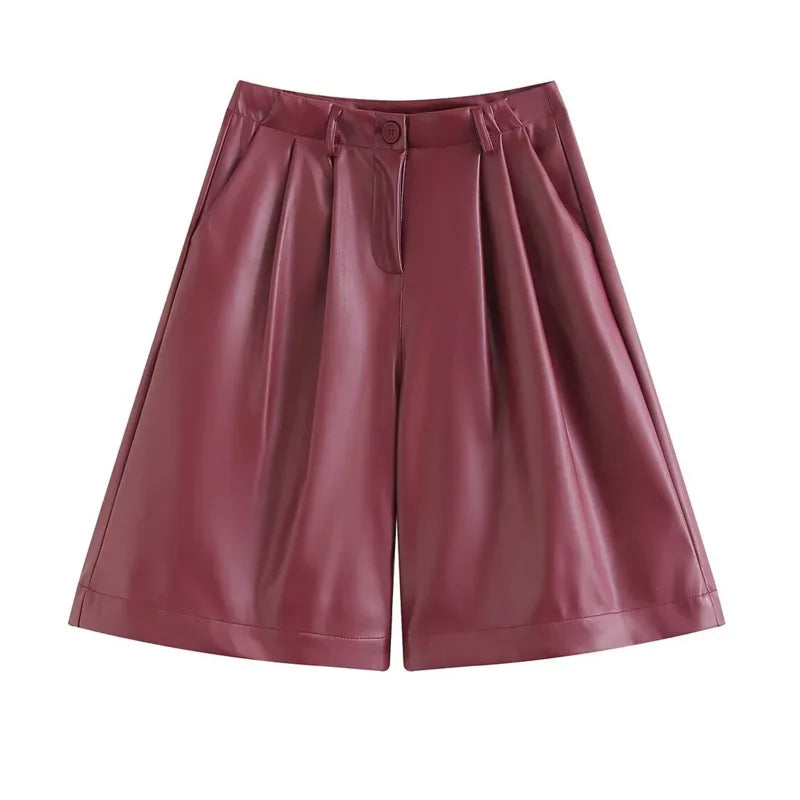 Burgundy Leather Wide Leg Shorts For Women High Waist With Pockets Stylish Daily Simple Casual Leather Button Zipper Shorts GQ6I