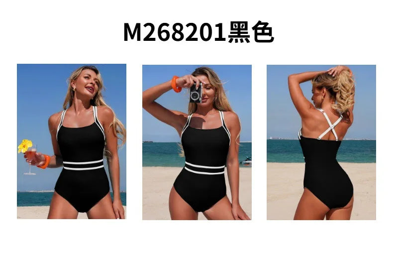 Sexy Black White Patchwork Swimwear Women 2026 Halter Back Cross Tummy Control One Piece Swimsuit Beach Holiday Bathing Suits
