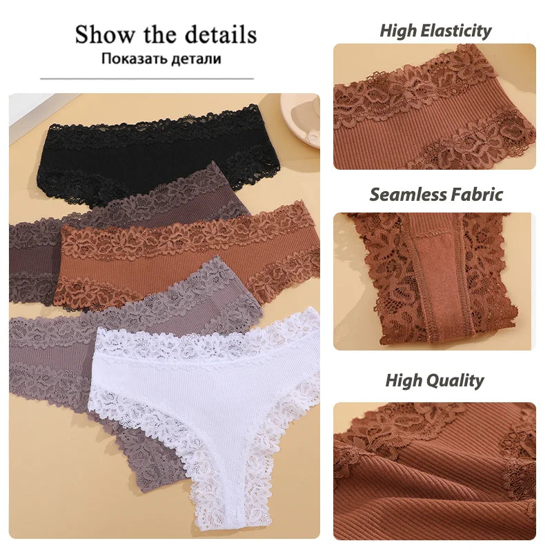 New Lace Seamless Cotton Panties Ribbed Maillard Brazilian Pants LowWaist Women Panties Breathable Girls Underwear Soft Lingerie
