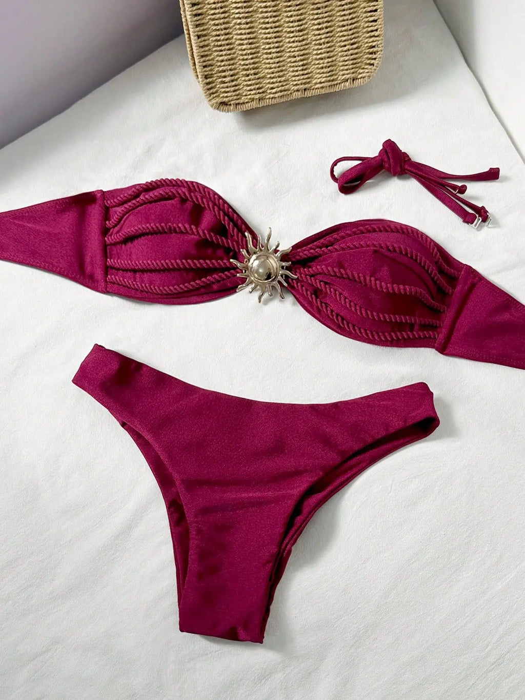 Sexy Bandeau Bikini 2026 Women Coffee Braiding Rope Pleate Tie Push Up High Waist Swimsuit Beach Holiday Bathing Suit Swimwear