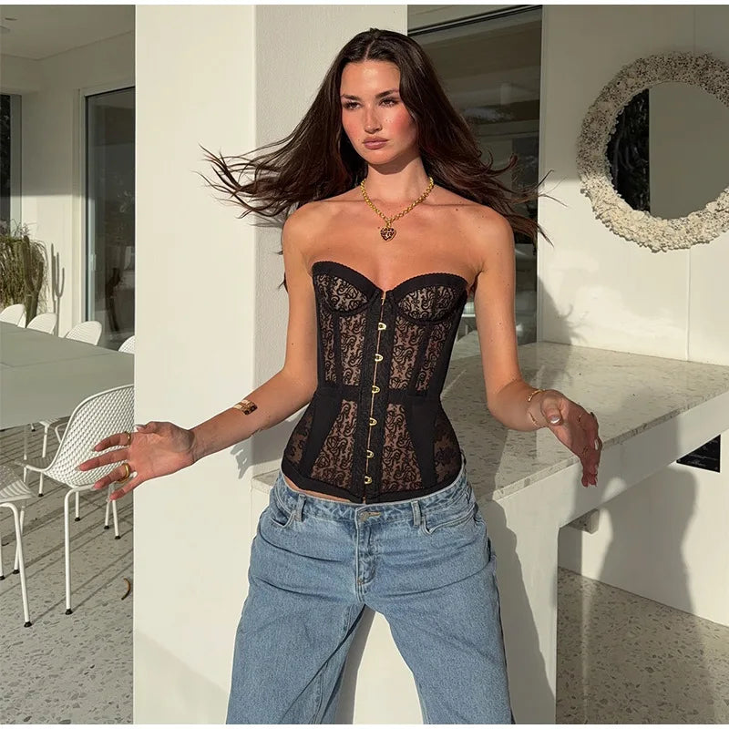 Spicy Girl Sexy Tight Corset Sexy Lace Hollow Out Sleeveless Strapless Tube Top 2025 Summer Fashion Women Street Trendy Tanks