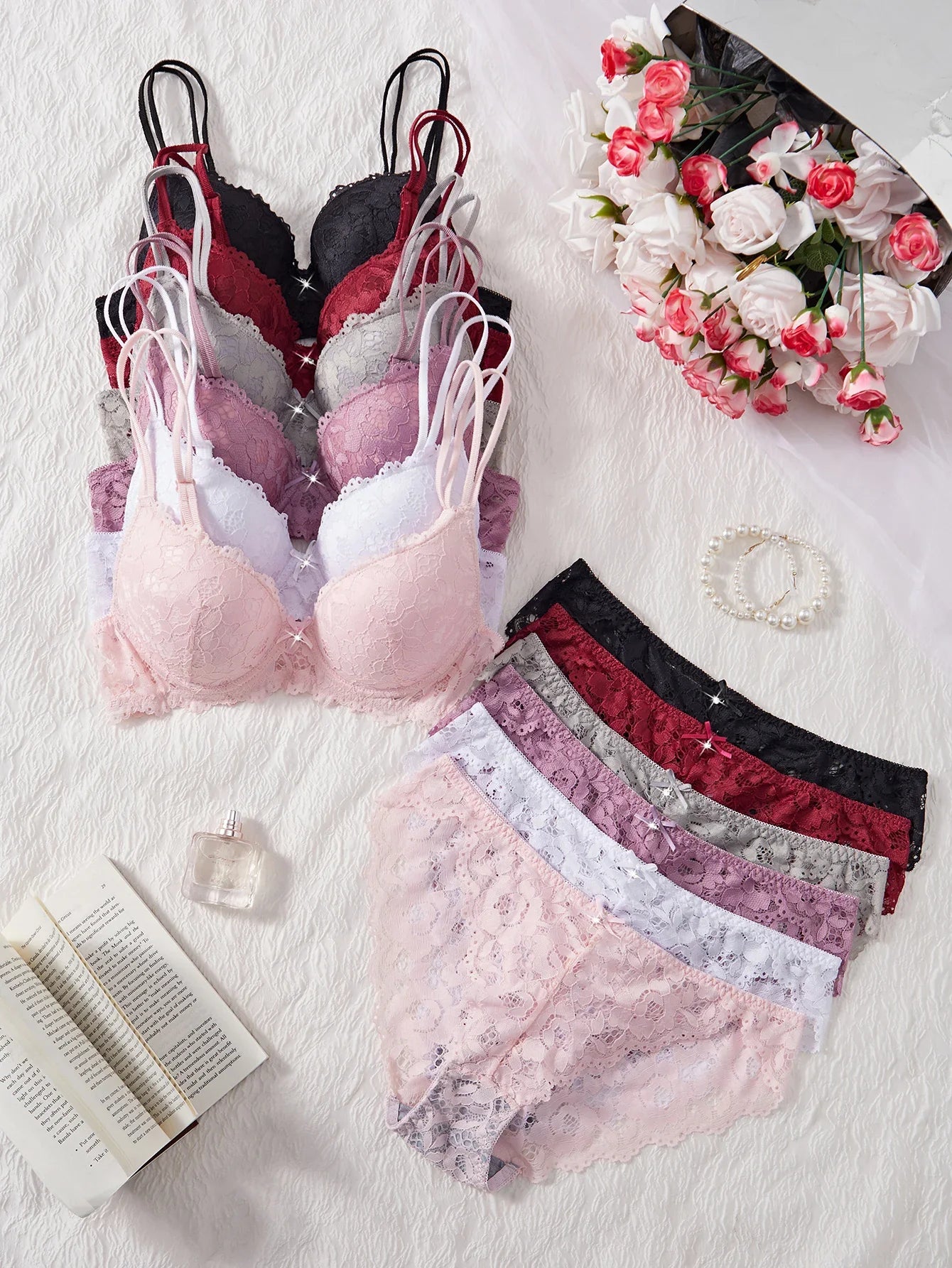 6-Piece Set Lace Women's Underwear Set No Lining Lace Push up Bra Comfortable Fitting Sexy Mesh Lace Panties Women's Bra Set