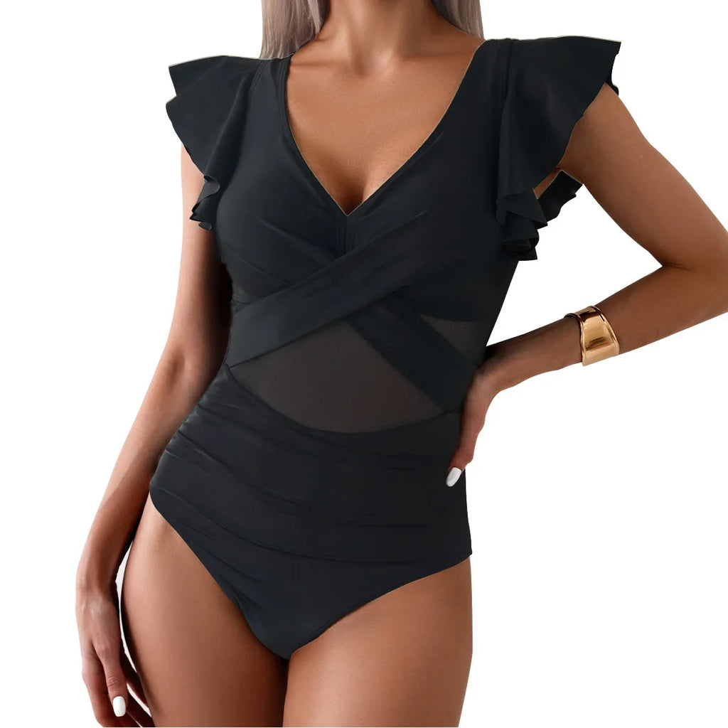 2026 Solid Women's Swimsuit Trend Tummy Control V Neck Sexy Black Bikini Ruched Bathing Suits Slim Fit Ruffle Sleeve Swimwear