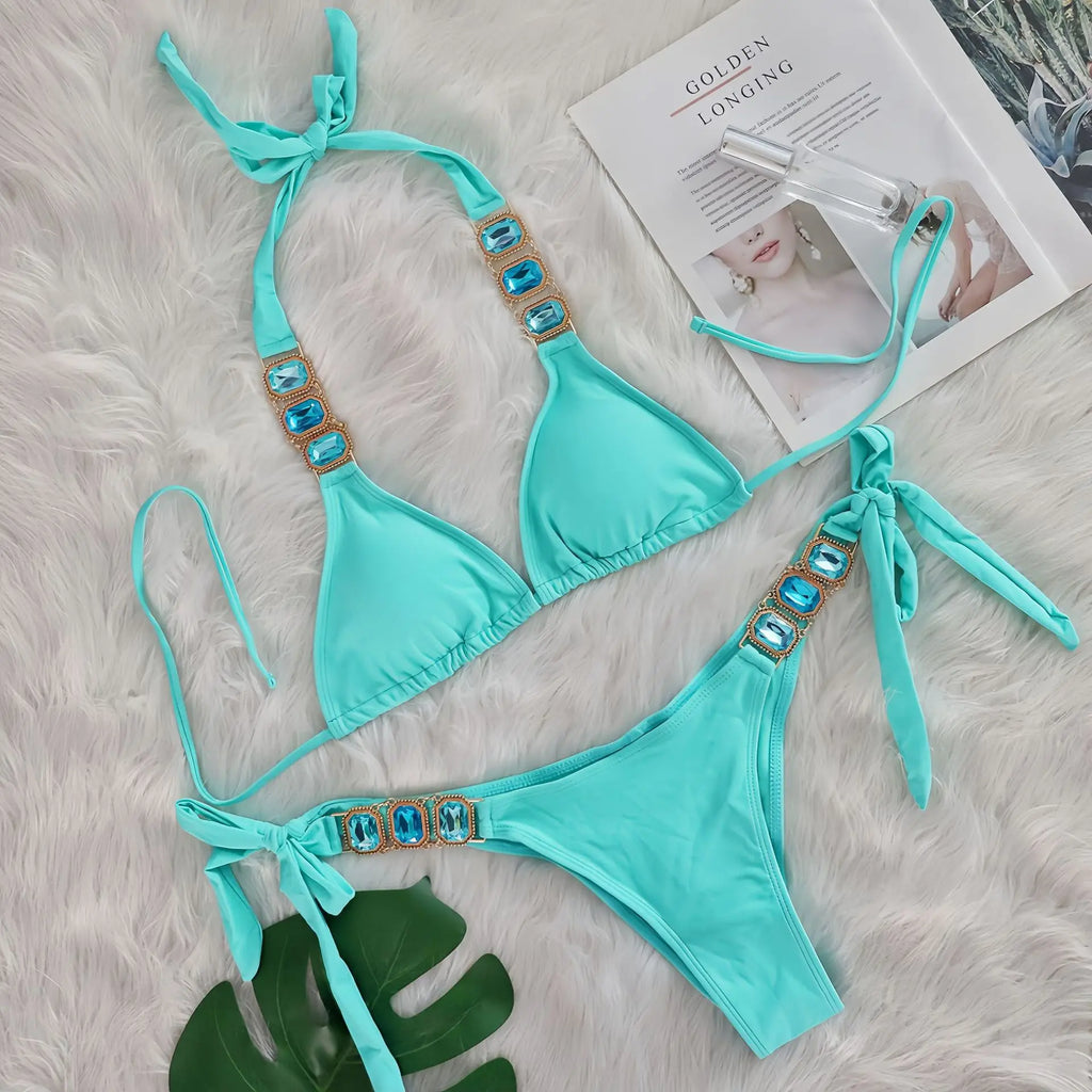 Sexy Rhinestone Bikini Set Women 2026 Luxury Pink Crystal Diamond Push Up Bandage Thong Swimsuit Beach Bathing Suit Swimwear