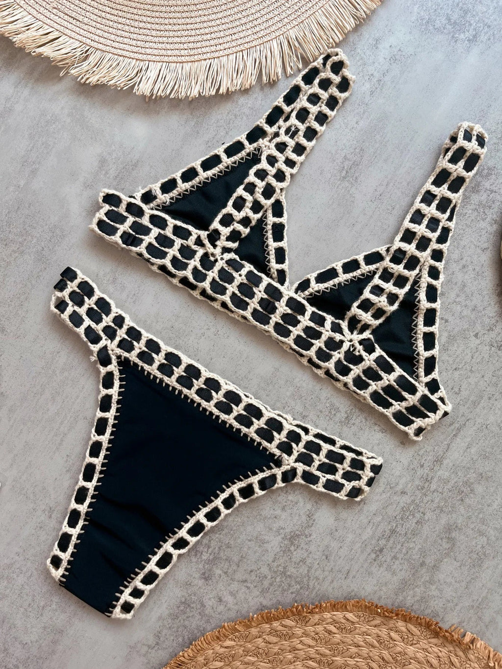 Sexy Black Patchwork Hand Crochet Bikini Set Women 2026 V Neck Push Up Bra Thong Swimsuit Beach Bathing Suit Knitted Swimwear