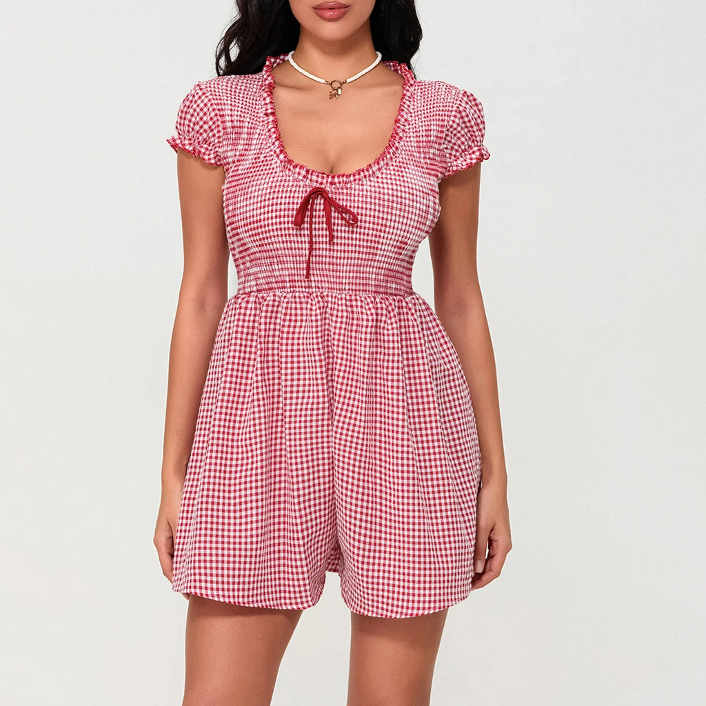 Summer Plaid Rompers Mini Dress for Women Fashion Short Sleeve Sexy Deep V Neck Smocked Waist Slim Plaid Playsuit Jumpsuits