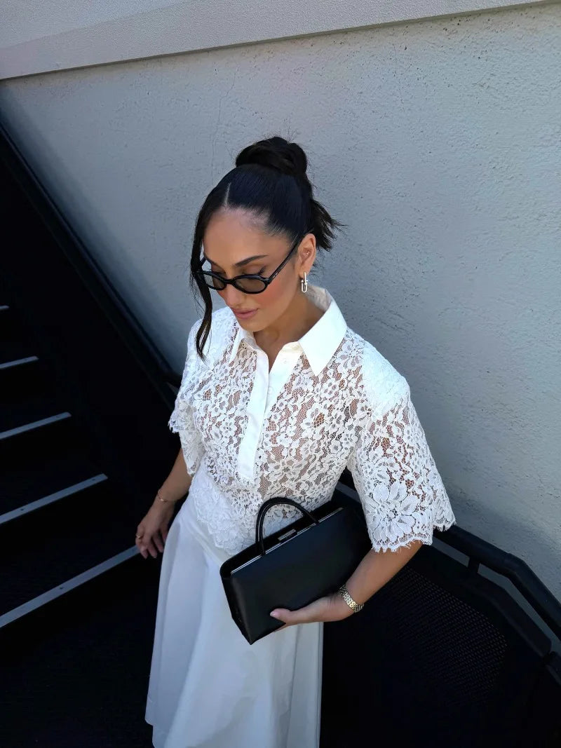 Trendix Lace Short Sleeve Blouse Women Summer Commuting Hollow Out Button Pullover Tops Street Casual Sheer Party Elegant Shirts