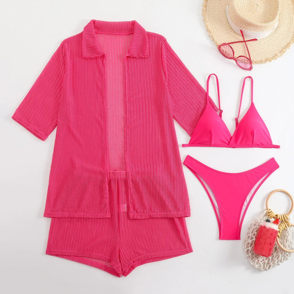 Summer 4 Piece Bikinis Sets Women Black White Mesh Half Sleeve Cover Up with High Waist Panties Swimsuit Bathing Suit Swimwear