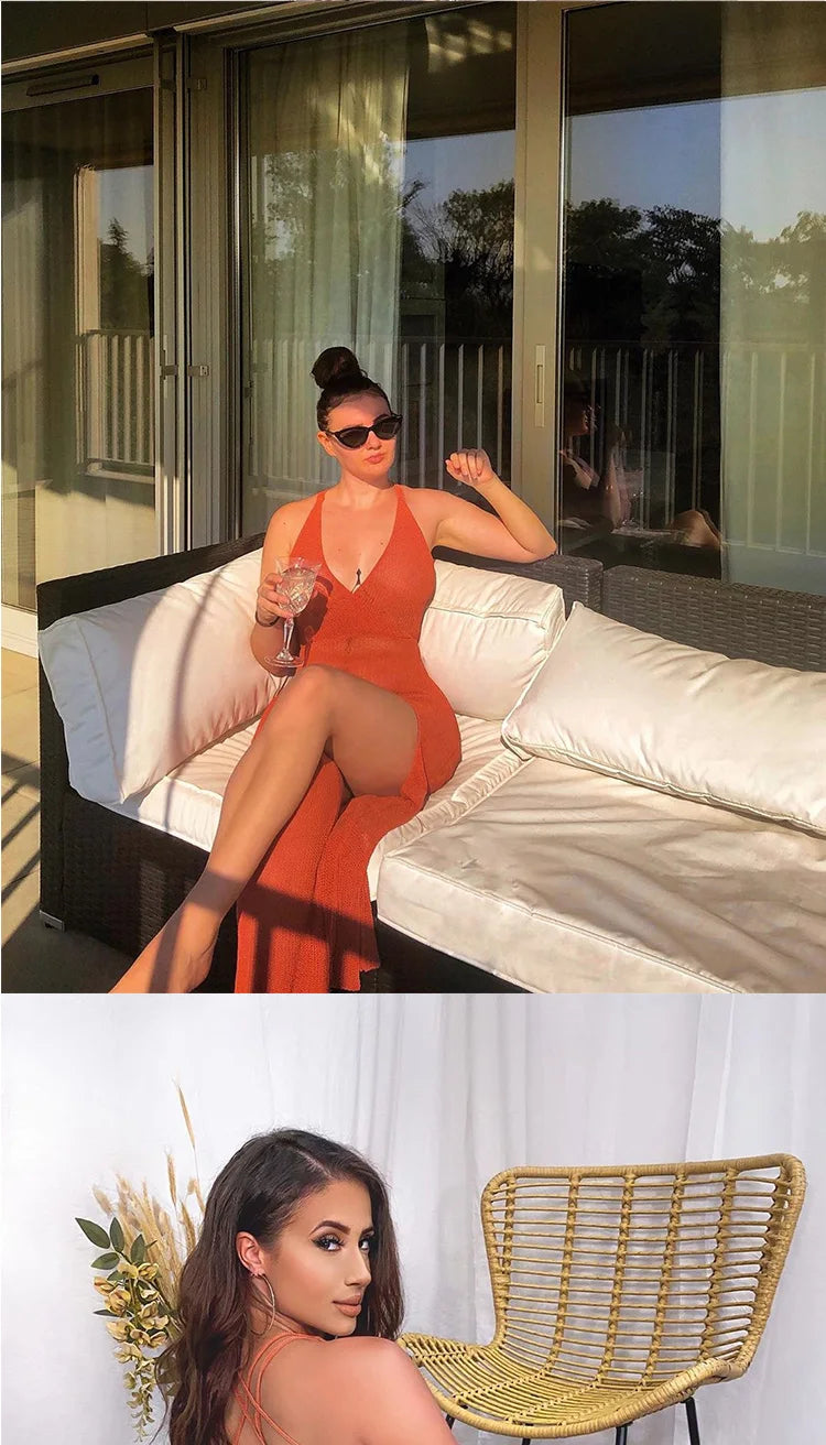 2023 New Crochet Beach Maxi Dress for Women See Through Sexy Bikini Plunge Backless Bandage Sleeveless Lacing Split Long Dresses